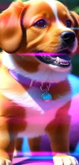 Cute puppy with pink and purple glow on dynamic wallpaper.