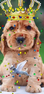 Adorable puppy wearing a crown with confetti on a green background.