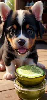 Smiling puppy with cucumber slices on wooden deck in sunny outdoor setting.