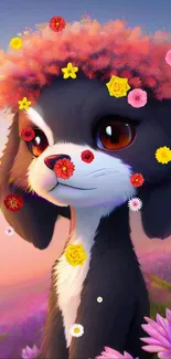 Cute cartoon puppy with pink flower crown and scenic backdrop.