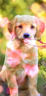 Cute golden retriever puppy with heart bokeh in nature scene.