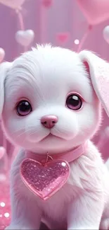 Cute puppy with pink heart charm and background.