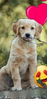 Golden retriever puppy with emojis in a natural setting.