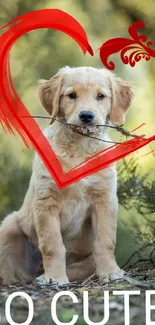 Adorable golden retriever with red heart in nature.