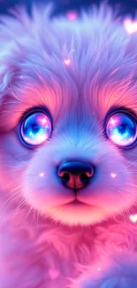 Cute puppy with glowing heart lights in vibrant colors