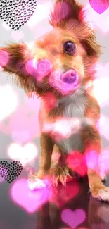 Adorable puppy with pink heart overlay for mobile wallpaper.