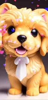 Cute tan puppy surrounded by heart sparkles on mobile wallpaper.