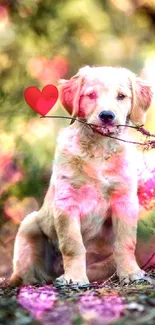 Adorable puppy with stick and heart in a forest setting.