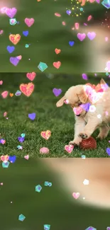 Adorable puppy playing on grass with colorful hearts and gems.