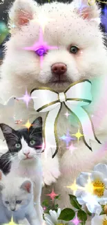 Cute puppy with kittens and floral decoration on a mobile wallpaper.