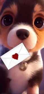 Cute cartoon puppy holds a love letter.