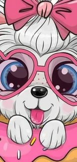 Cute cartoon puppy with pink sunglasses and bow on a pink donut.