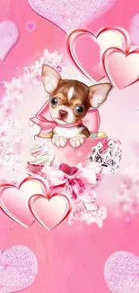 Cute puppy and hearts on pink wallpaper.