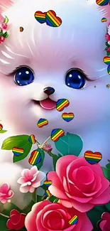 Cute white puppy with vibrant flowers and rainbow hearts.