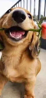 Adorable puppy holding a rose in its mouth on a sunny day.