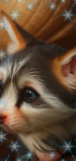 Adorable puppy with snowflakes overlay in a brown themed wallpaper.