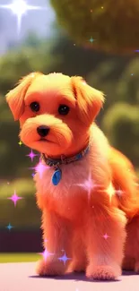 Adorable puppy with sparkles in a vibrant, magical setting.