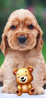 Cute puppy with cartoon teddy bear on green background.