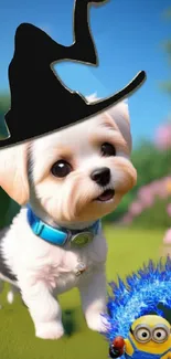 Cute puppy with wizard hat in a garden scene.