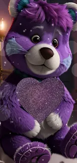 Purple bear plush with heart in a cozy room setting.