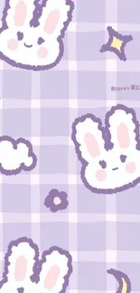 Purple checkered wallpaper with cute bunnies and stars.