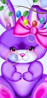 A cute purple bunny with colorful eggs and a big bow.