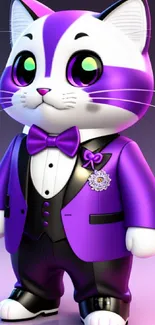 Adorable cartoon cat in a purple suit with large eyes and a bow tie.