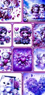 Cute purple cartoon collage wallpaper with adorable characters.