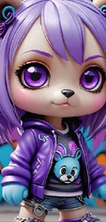 Cute purple anime character with big eyes and stylish outfit.