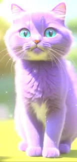 Adorable purple cat sitting on a vibrant green surface.