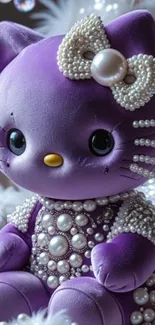 Purple plush cat with pearl decorations.