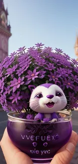 A cute purple cat in a flower vase with vibrant purple blooms.