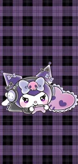 Cute cartoon character with purple plaid background.