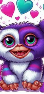 Cute purple creature with big eyes and colorful hearts on a fun background.