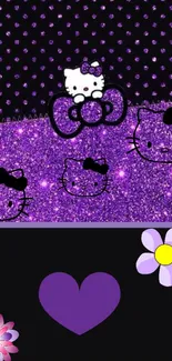 Cute purple glitter kitty wallpaper with flowers and hearts.