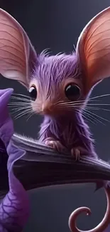 Whimsical purple mouse on a flower.