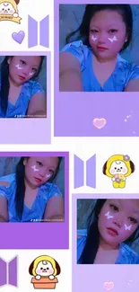 Cute purple-themed photo collage wallpaper with playful designs.