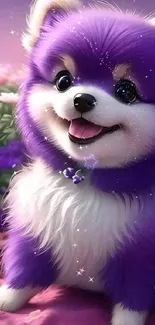 Adorable purple fluffy puppy among colorful flowers.