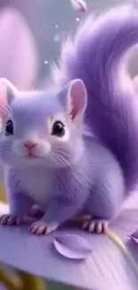 Adorable purple squirrel sitting on a leaf with petals around.