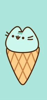 Pusheen cat as a mint ice cream cone on a mint green background.