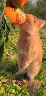 Cute rabbit stands and eats an orange outdoors.