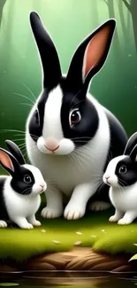 Adorable rabbit family in lush green forest art.