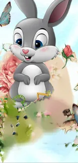 Cute cartoon bunny with flowers and butterflies.