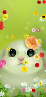 Cute cartoon rabbit with flower on its head among daisies on a light green background.