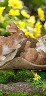 Playful rabbit statues in a green and yellow garden setting, ideal mobile wallpaper.