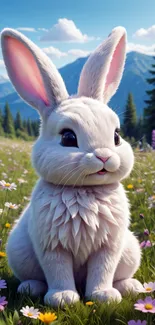 Adorable white rabbit in a colorful flower field with mountains.