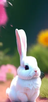 Cute white rabbit sitting among colorful flowers.