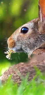 Adorable rabbit sits in green grass, nibbling on a daisy.