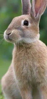 Cute rabbit sitting on green grass wallpaper.