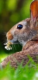 Cute rabbit with flower in green grass field wallpaper.